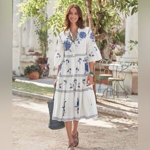 Sundance white blue floral needlepoint embroidered tiered maxi dress. Size PS